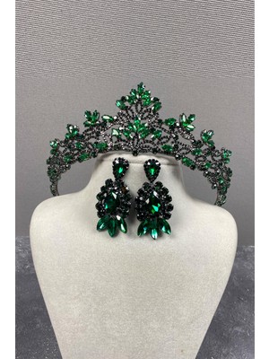 Hayalperest Boncuk Yeşil Melis Gelin Kına Tacı ve Mekik Taşlı Küpe Seti