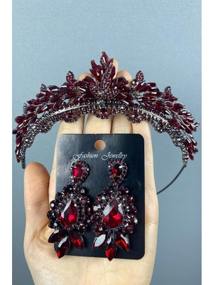 Hayalperest Boncuk Bordo Lena Kristalli Gelin Kına Tacı ve Mekik Taşlı Küpe Seti