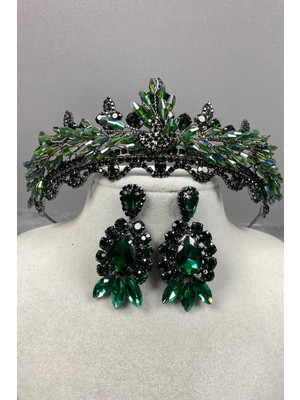 Hayalperest Boncuk Lena Kristalli Gelin Kına Tacı ve Mekik Taşlı Küpe Seti