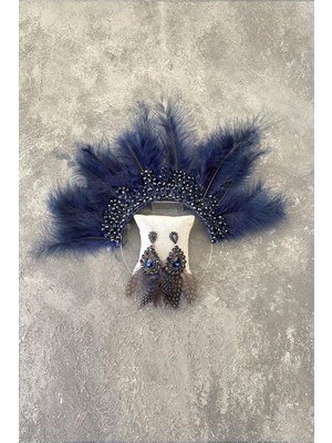 Hayalperest Boncuk Lacivert Maya Tüylü Kristal Boncuklu Gelin Kına Tacı ve Küpesi