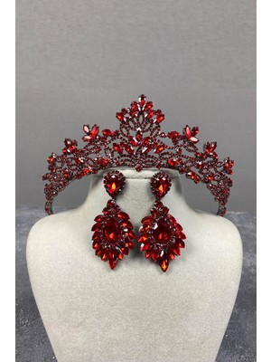 Hayalperest Boncuk Kırmızı Melis Gelin Kına Tacı ve Mekik Taşlı Küpe