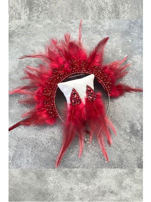 Hayalperest Boncuk Bordo Horoz Tüylü Kristal Boncuklu Gelin Kına Tacı ve Küpesi