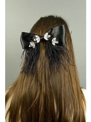 Hayalperest Boncuk Siyah Parlak Taşlı Tüylü Fiyonk Saç Tokası Aksesuar