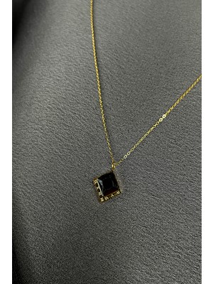 Mooni Accessories Kare Oniks Siyah Taşlı Gold Altın Renk 316L Çelik Zincir Kolye