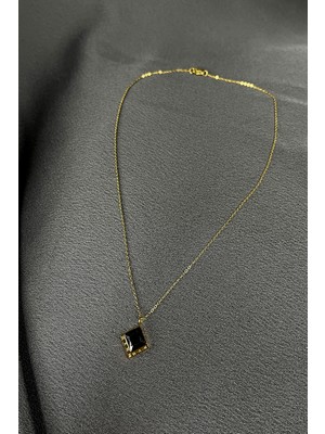 Mooni Accessories Kare Oniks Siyah Taşlı Gold Altın Renk 316L Çelik Zincir Kolye