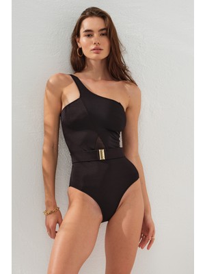 Pierre Cardin Tek Omuz Tüllü Kemerli Mayo Siyah 231107