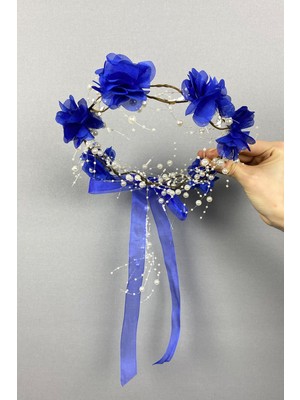 Hayalperest Boncuk Saks Mavi Lazer Çiçekli Özel Tasarım Nedime Tacı