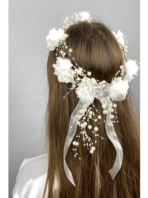 Hayalperest Boncuk Beyaz Lazer Çiçekli Özel Tasarım Nedime Tacı