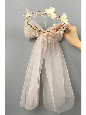 Hayalperest Boncuk Fiyonklu Ortanca Çiçekli Özel Gelin Kına Tacı