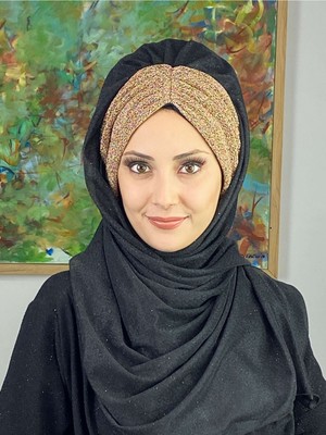 Butik Ambar Çift Renkli Sultan Model Siyah Altın Simli Şifon Büzgülü Şal