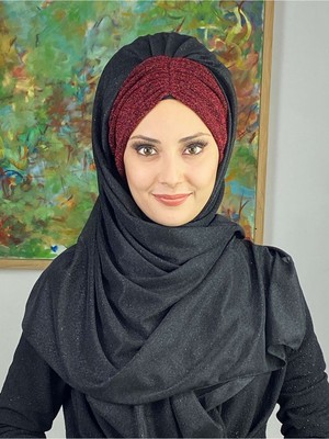 Butik Ambar Çift Renkli Sultan Model Siyah Bordo Simli Şifon Büzgülü Şal