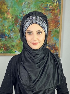 Butik Ambar Çift Renkli Sultan Model Siyah Gri Simli Şifon Büzgülü Şal