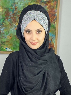 Butik Ambar Çift Renkli Sultan Model Siyah Gümüş Simli Şifon Büzgülü Şal