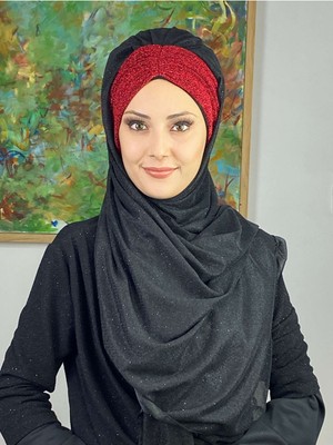 Butik Ambar Çift Renkli Sultan Model Siyah Kırmızı Simli Şifon Büzgülü Şal