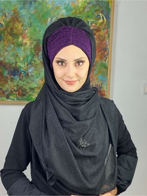 Butik Ambar Çift Renkli Sultan Model Siyah Mor Simli Şifon Büzgülü Şal