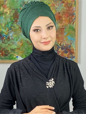 Butik Ambar Saray Model Koyu Zümrüt Simli Yan Drapeli Dış Bone