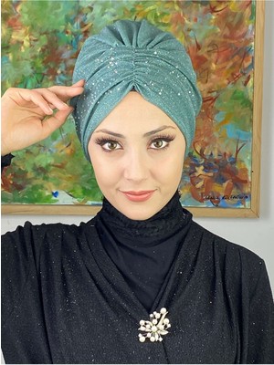 Butik Ambar Sultan Model Açık Zümrüt Simli Büzgülü Dış Bone