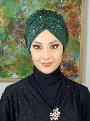 Butik Ambar Sultan Model Koyu Zümrüt Simli Büzgülü Dış Bone