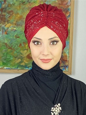 Butik Ambar Sultan Model Kırmızı Simli Büzgülü Dış Bone