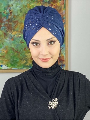 Butik Ambar Sultan Model Lacivert Simli Büzgülü Dış Bone