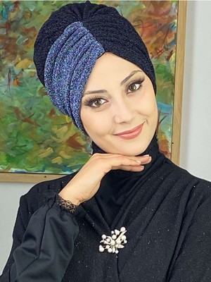 Butik Ambar Sultan Model Siyah Indigo Çift Renkli Büzgülü Dış Bone