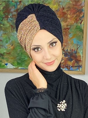 Butik Ambar Sultan Model Siyah Altın Çift Renkli Büzgülü Dış Bone