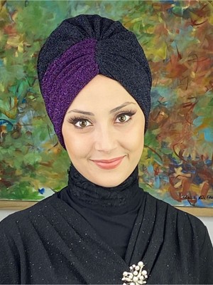 Butik Ambar Sultan Model Siyah Mor Çift Renkli Büzgülü Dış Bone