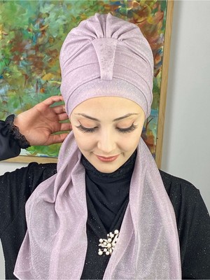 Butik Ambar Hürrem Açık Lila Tek Biritli Simli Atkılı Bone