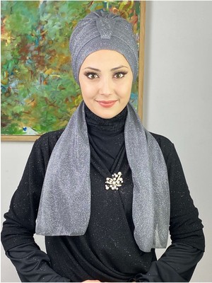Butik Ambar Hürrem Gri Tek Biritli Simli Atkılı Bone