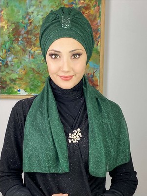 Butik Ambar Hürrem Koyu Zümrüt Tek Biritli Simli Atkılı Bone