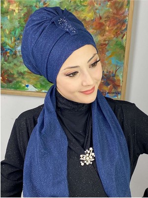Butik Ambar Hürrem Lacivert Tek Biritli Simli Atkılı Bone