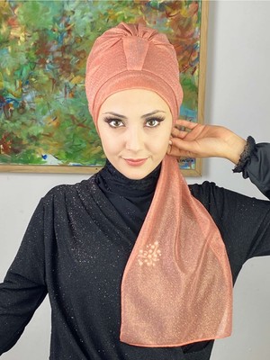 Butik Ambar Hürrem Somon Tek Biritli Simli Atkılı Bone