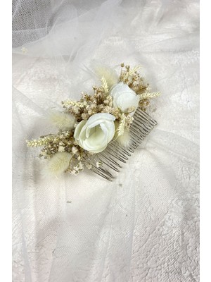 Hayalperest Boncuk Krem Pamuk Otu Cipso ve Yapay Çiçekli Taraklı Saç Tokası