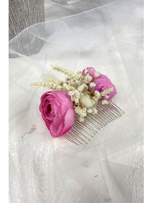 Hayalperest Boncuk Pembe Pamuk Otlu Cipso ve Yapay Çiçek Taraklı Saç Tokası Aksesuar