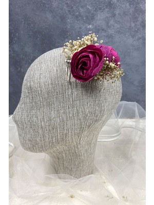 Hayalperest Boncuk Koyu Fuşya Şakayık Çiçekli Cipsolu Taraklı Saç Tokası