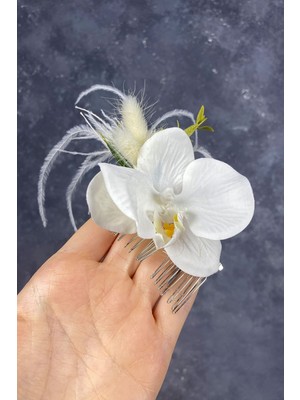 Hayalperest Boncuk Tüylü Orkideli Taraklı Gelin Aksesuarı Saç Tokası