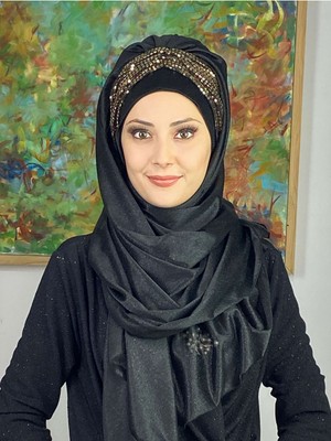 Butik Ambar Çift Renkli Sultan Model Siyah Altın Simli Şifon Büzgülü Şal