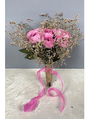 Hayalperest Boncuk Pembe Şakayık Çiçekli Deniz Otlu Gelin Buketi