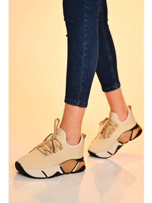 Kotan Günlük Bej-Multi Kadın Sneaker Bağcıklı Triko Esnek Hafif ve Kalın Tabanlı Yürüyüş Spor Ayakkabı