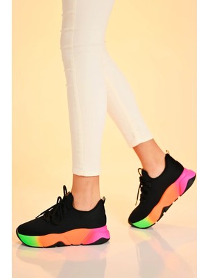 Kotan Günlük Siyah-Multi Kadın Sneaker Bağcıklı Triko Esnek Hafif ve Kalın Tabanlı Yürüyüş Spor Ayakkabı