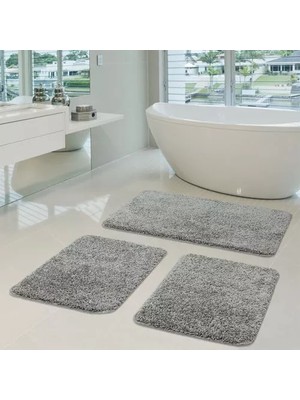 Eurobano Home %100 Doğal Kaymaz Taban Yıkanabilir Gri Shaggy 3’lü Banyo Halısı, Paspas