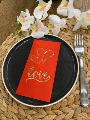 Kidspartim Gold Yaldızlı Kırmızı Kalpli Love Yazılı Peçete 16'lı