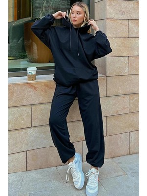 Vladivosto 3 Iplik Siyah Gri Oversize Eşofman Altı Bol Kalıp Büyük Beden Paçası Lastikli Battal Eşofman Altı