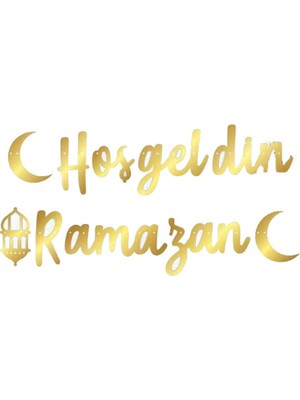 Pandoli Ramazan Temalı Hoşgeldin Ramazan Yazılı Kaligrafi Altın Renk Kağıt Asma Süsü 250 cm