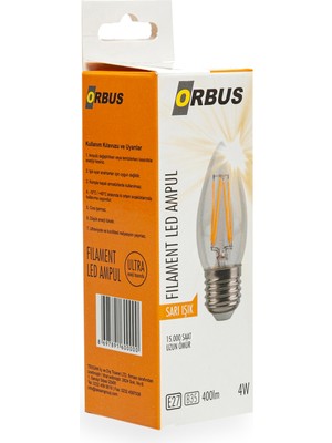 Orbus C37 4W Filament Bulb Clear E27 400LM RA80 220 - 240V/50Hz Ampul - 2700K Sarı Işık