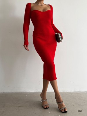 En Tarz Moda Kalp Yaka Astin Kırmızı Elbise