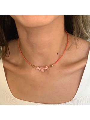 Suerte Accessories Pembe Mercan Doğal Taşlı Gold Yıldız Motifli Afgan Boncuklu El Yapımı Minimal Kolye