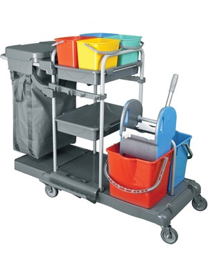 CEYMOP PROFESSIONAL Plastik Kat Temizlik Arabası Çift Kovalı Çöp Toplamalı Dört Kovalı Brandalı