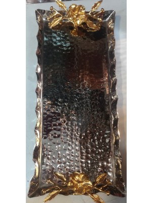 Ustası Antepte Dikdörtgen Bakır Sunumluk Japon Gülü Detaylı Güllü Dövme