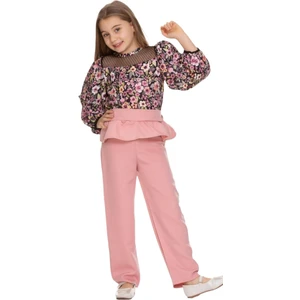 İrem Çocuk Giyim Kız Çocuk Tül Detaylı Çiçek Desenli Pantolonlu Takım Pudra